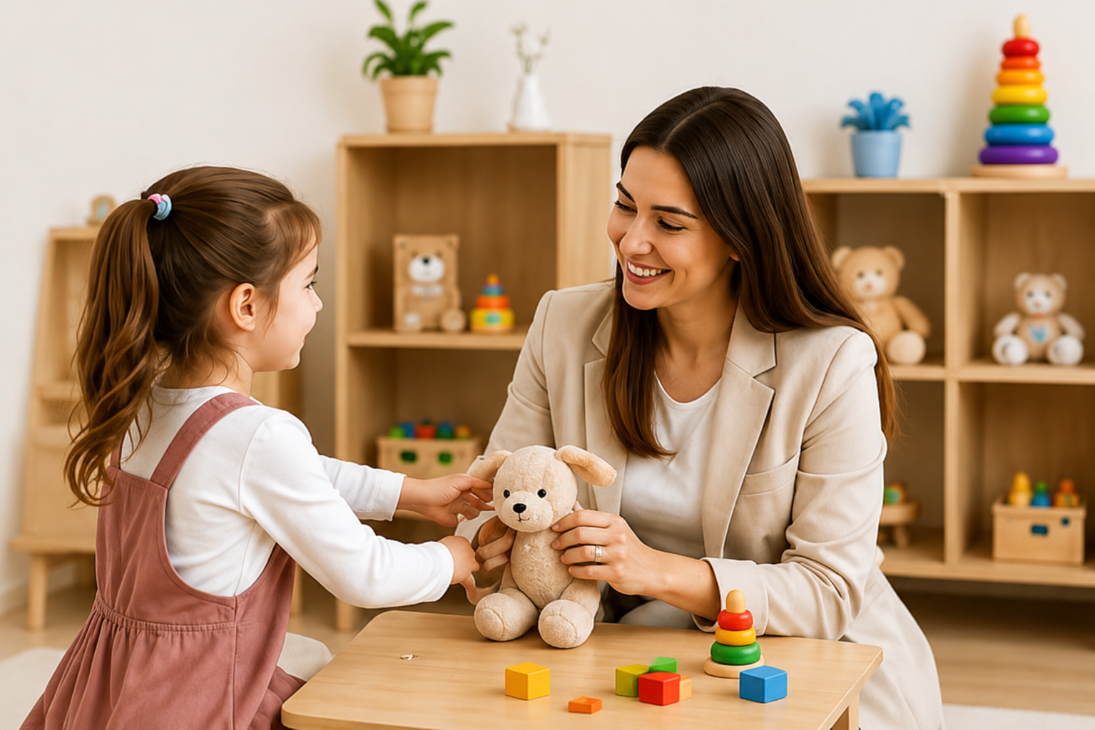 Terapi odasında oyuncaklarla oynayan çocuk ve psikolog